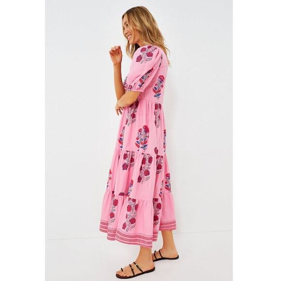 Oliphant Tuckernuck Boca Pink Puff Sleeve Maxi Midi Cotton Block Print Dress - Picture 5 of 16